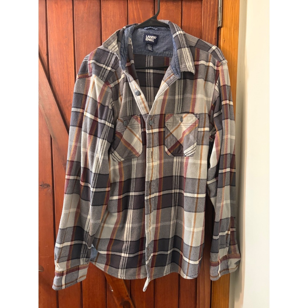 Lands End Mens Large Traditional Fit Plaid Flannel Button Down Shirt Grey Orange